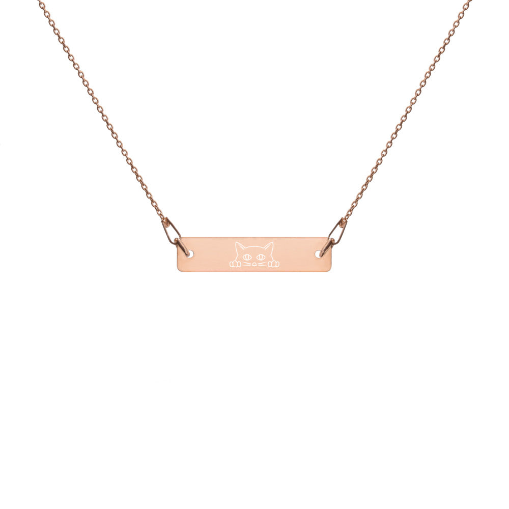 Cat Lover Engraved Silver Bar Chain Necklace