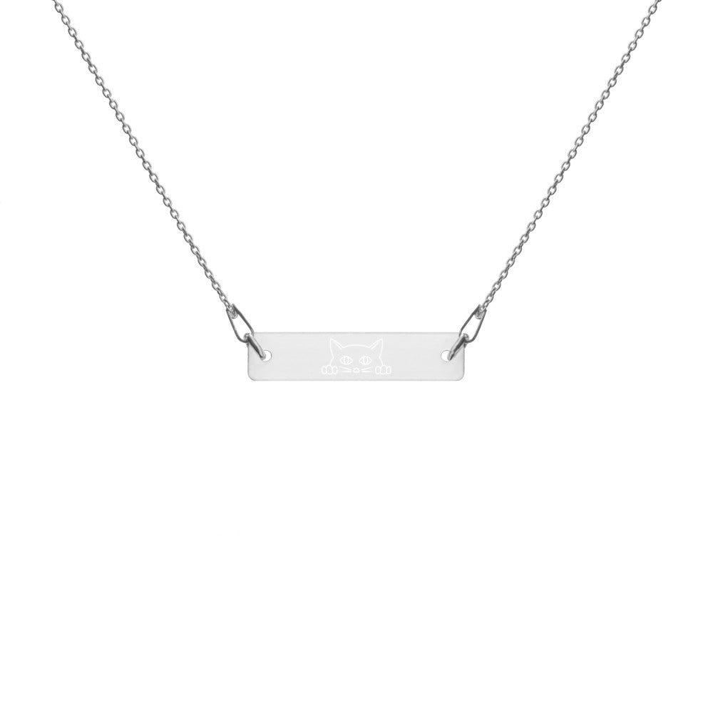 Cat Lover Engraved Silver Bar Chain Necklace