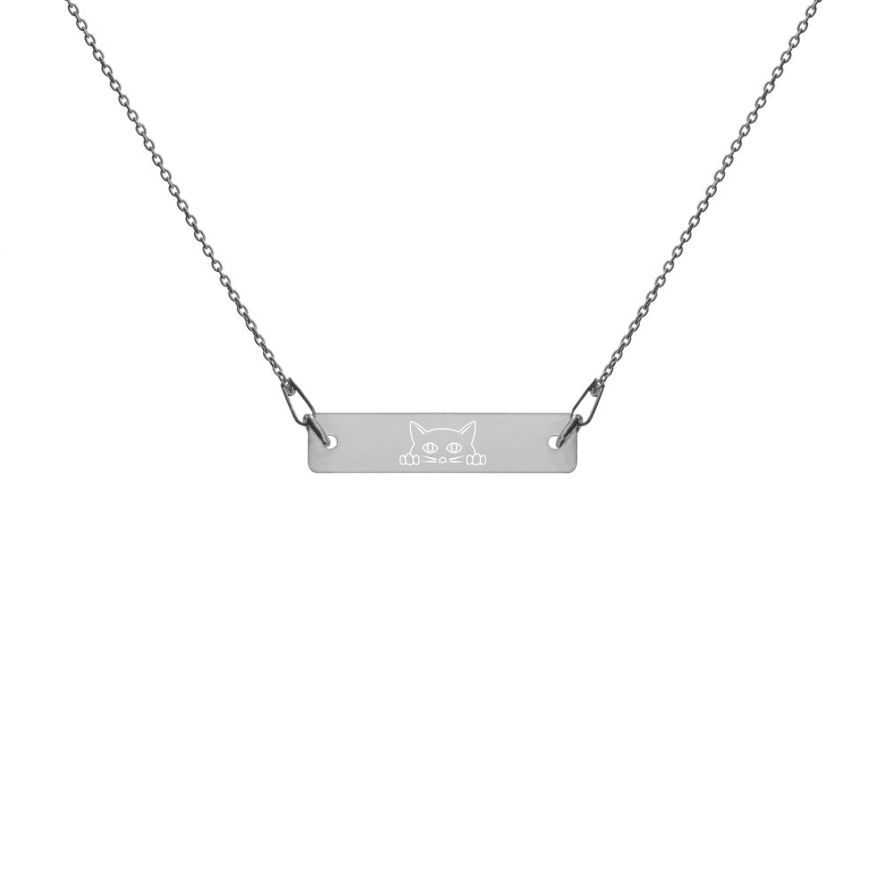 Cat Lover Engraved Silver Bar Chain Necklace
